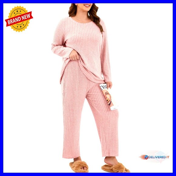 Other - Plus Size Lounge Pajama Set Long Sleeve Ribbed Top Wide Leg Pants Pockets